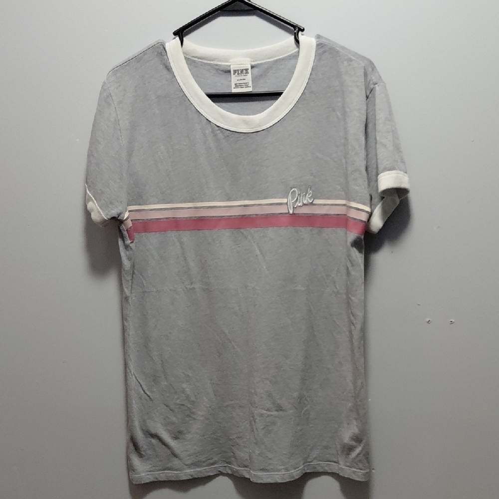 PINK Victoria's Secret Gray Tee with Pink Stripe Medium